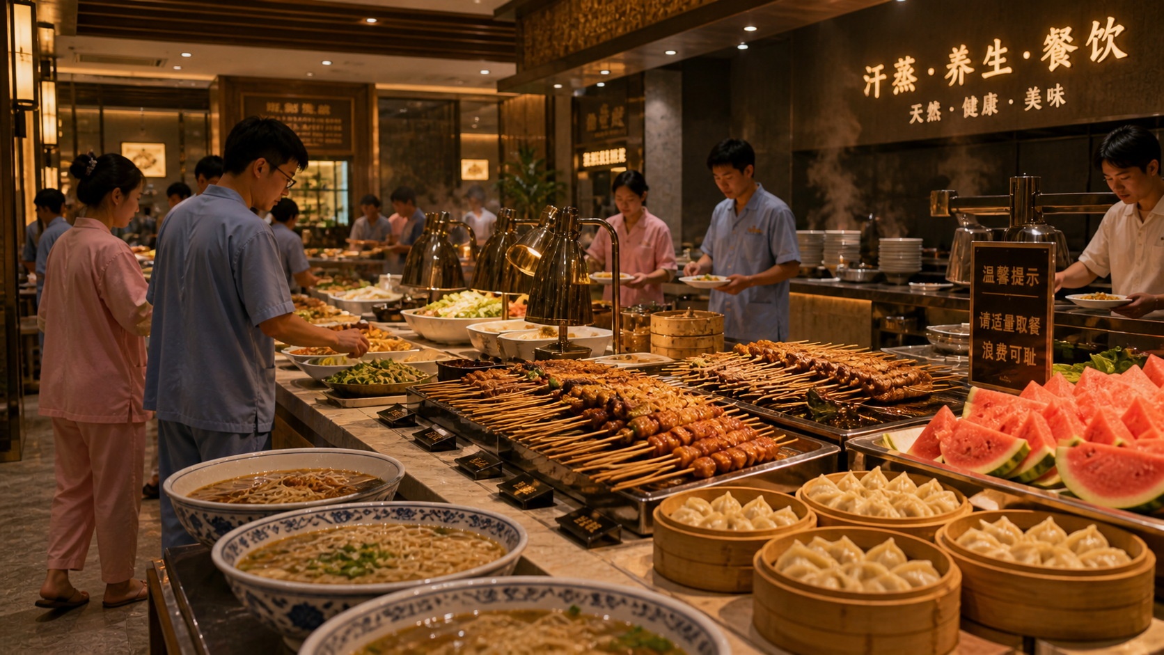 An extensive buffet table at a Chinese bathhouse offering local specialties like grilled skewers and dumplings.
