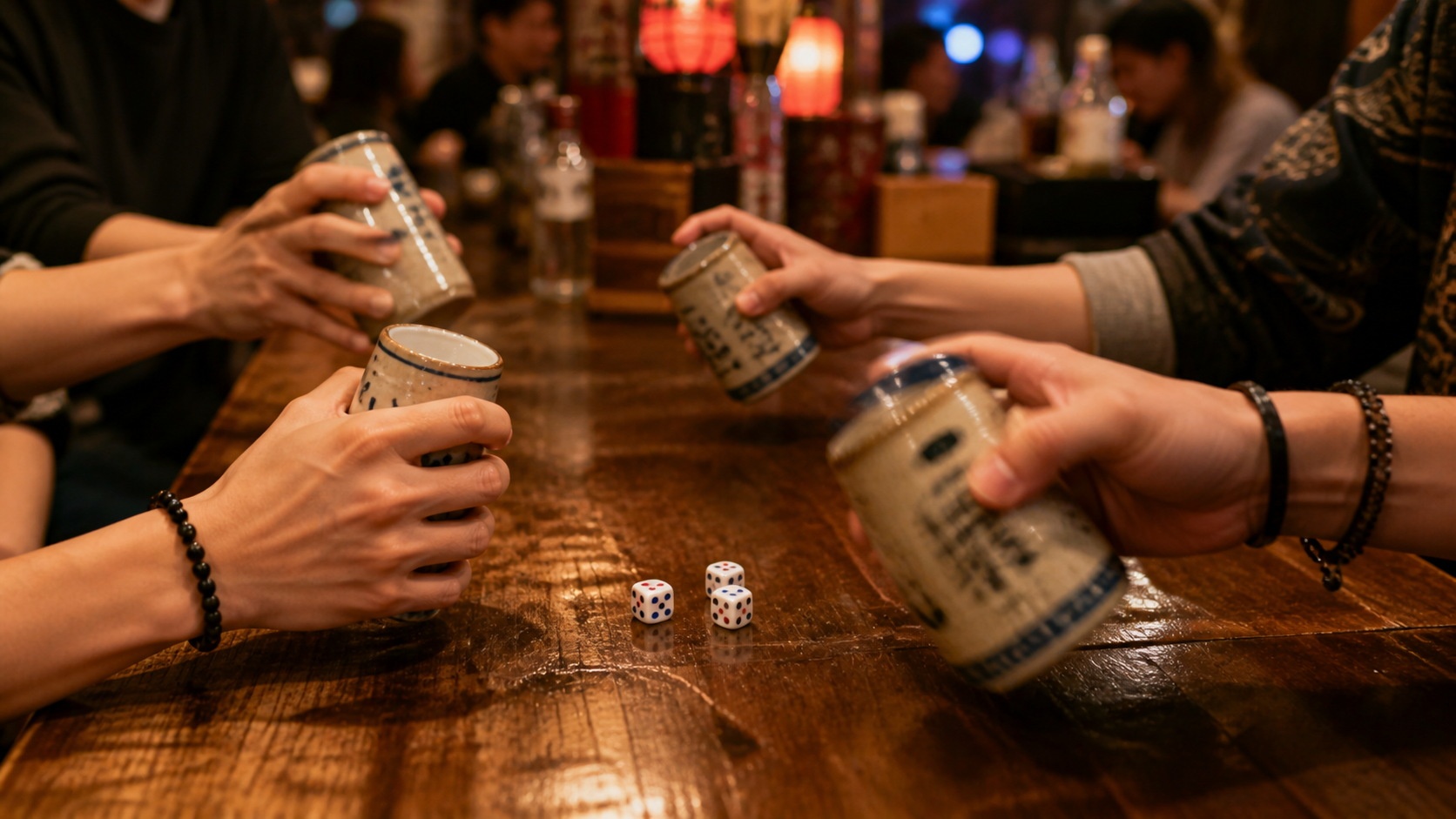 Players shaking dice cups in a crowded Chinese bar, capturing the social energy of Liar's Dice game.