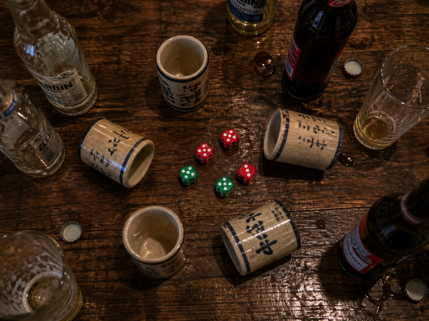 Open dice cups showing results during a game of Liar's Dice in a Chinese bar setting.