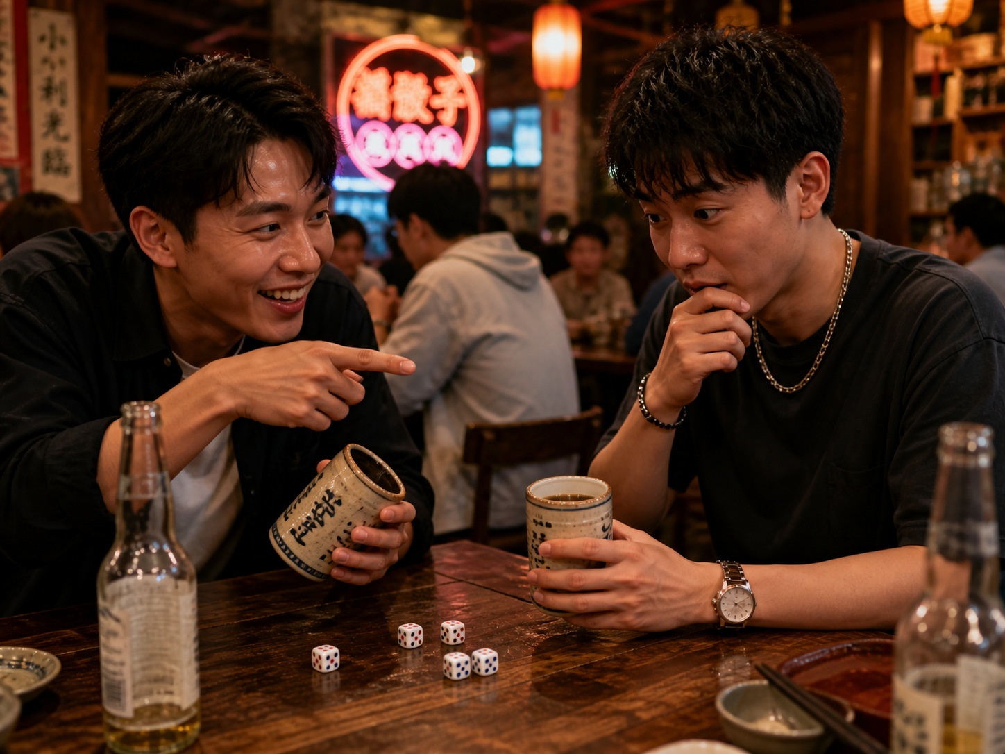 Two friends engaging in a psychological bluffing game during Liar's Dice, showing facial expressions and interaction.