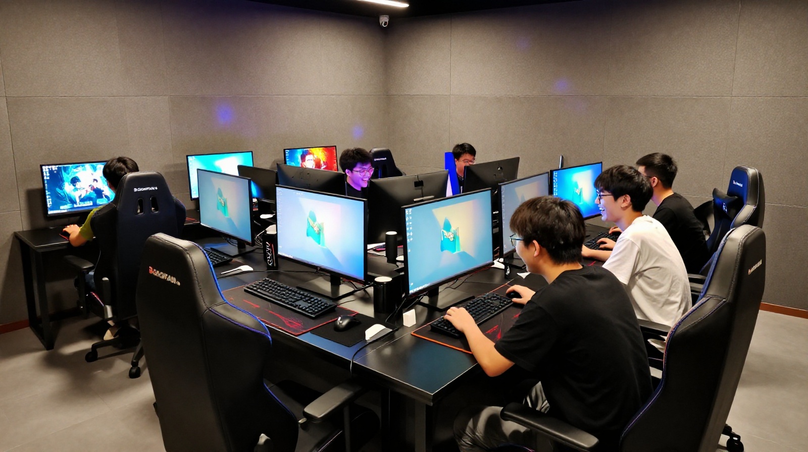 Friends playing video games together in a private esports cafe suite
