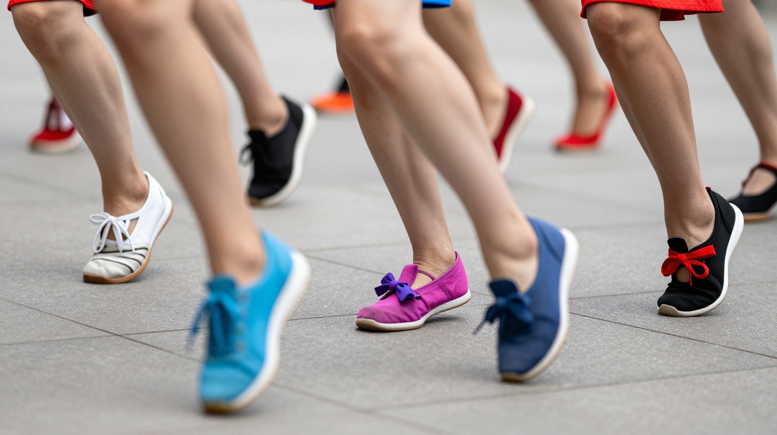 Close-up of feet dancing in unison during a Chinese square dance session, showing different types of footwear.