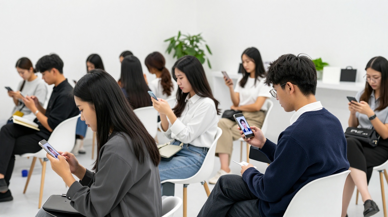 Young people waiting in a modern Chinese photo studio browsing sample ID photos on their phones