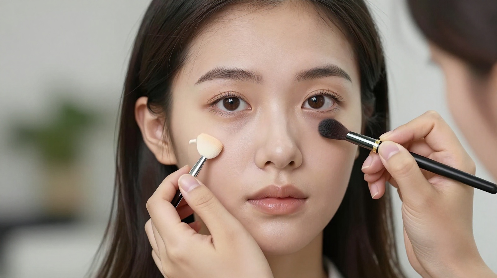 Makeup artist preparing a customer for a professional ID photo shoot in China