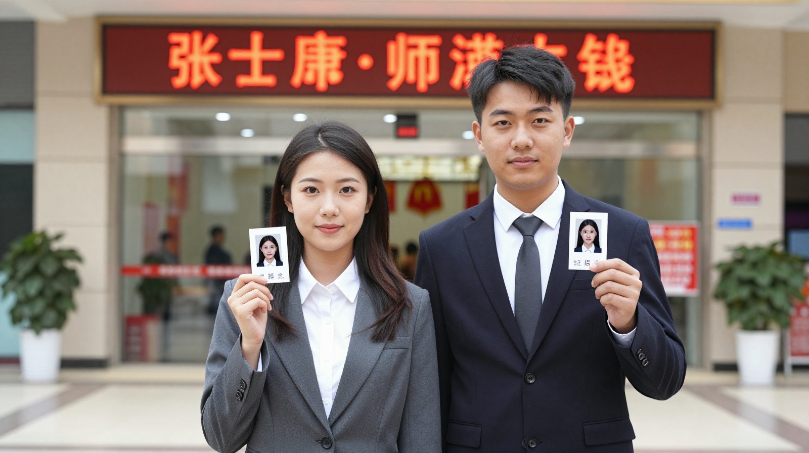 Two young Chinese people holding their new professional ID photos after visiting a studio