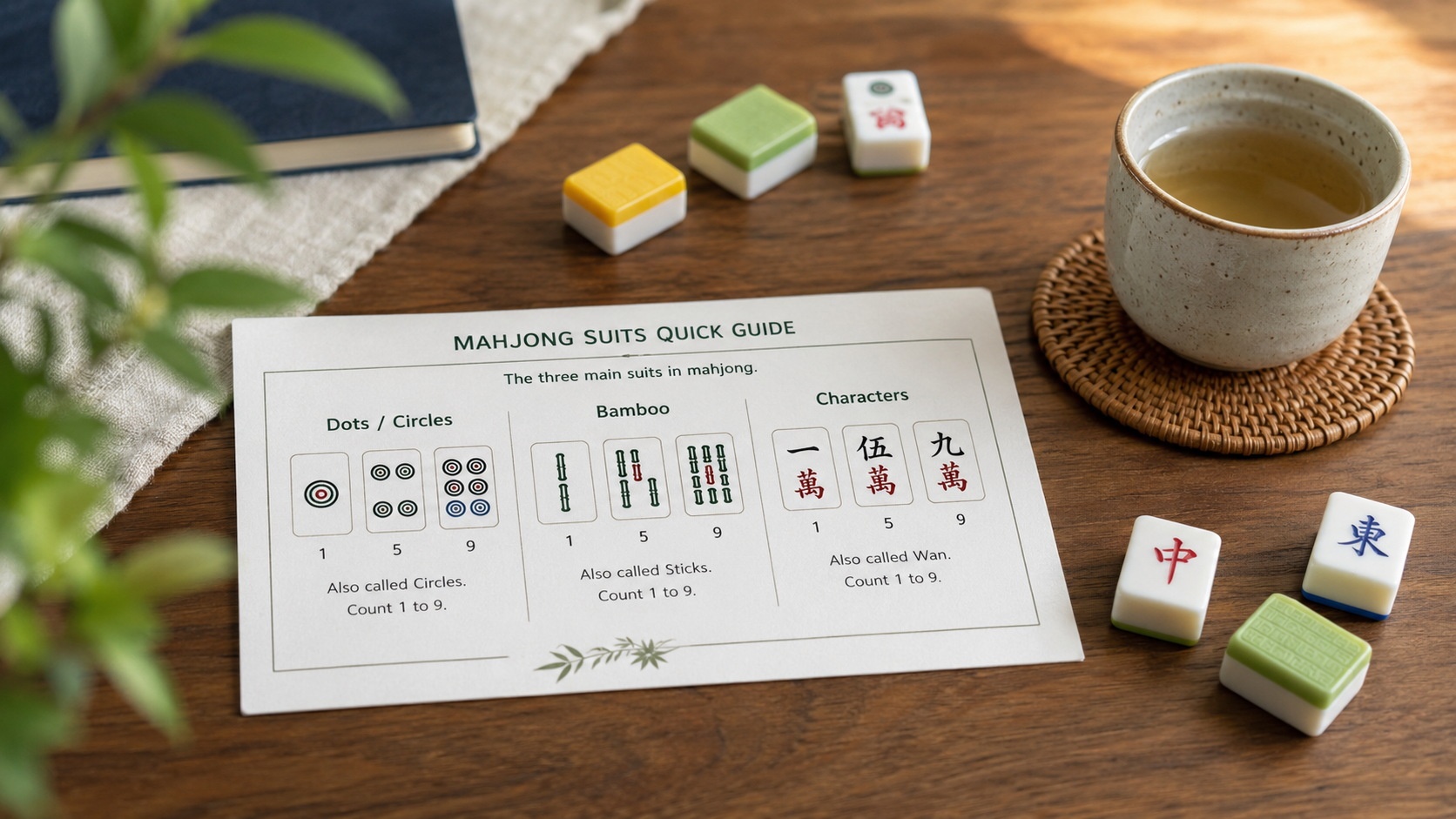 Simple reference guide for mahjong tile types placed on a dining table