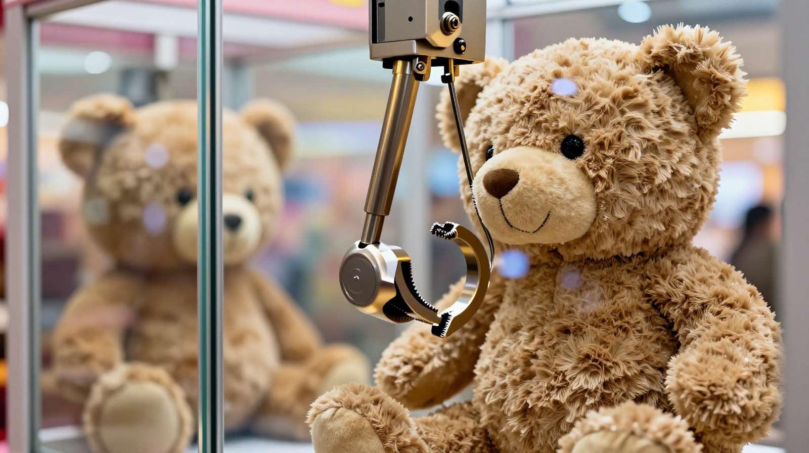 A close-up view of a metal claw machine trying to grip a plush teddy bear inside a glass cabinet in a Chinese mall.