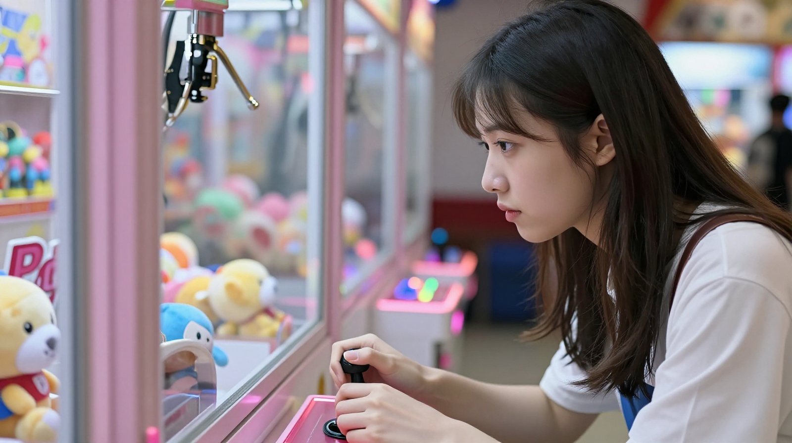A player focusing on operating the controls of a claw machine in a busy shopping center.