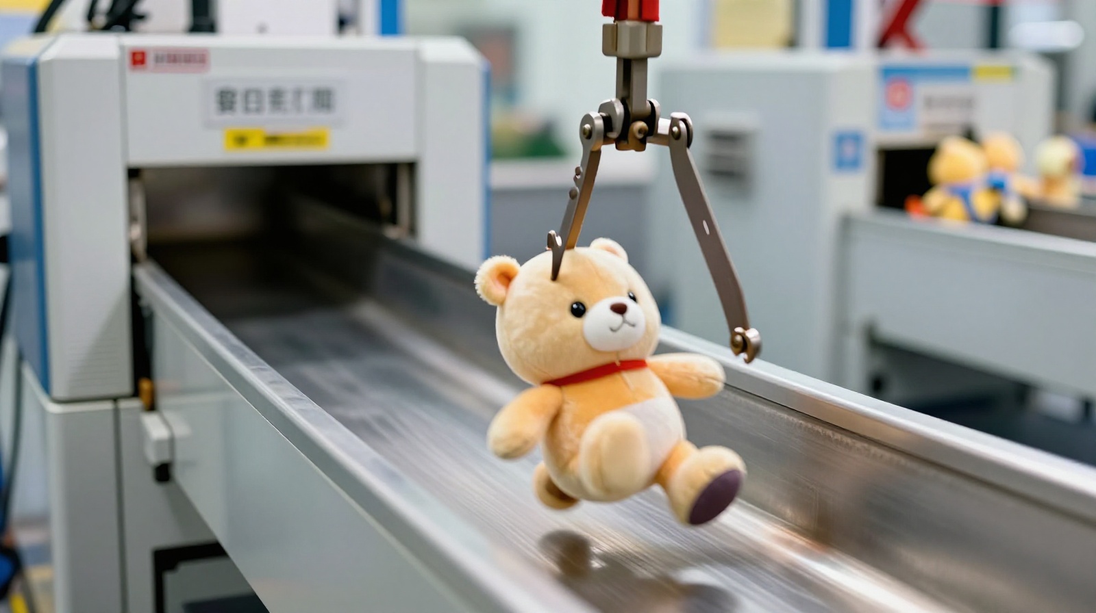 A plush toy being pulled into the prize chute after a successful grab attempt in a claw machine arcade.