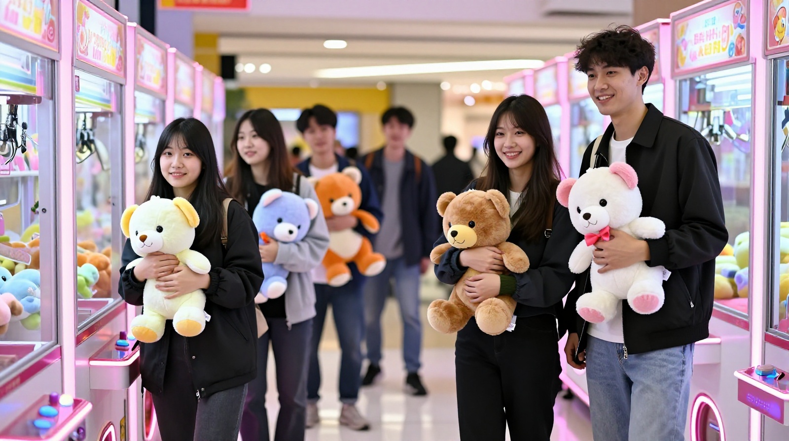 Happy young adults and couples showing off giant plush toys won from arcade games in a Chinese shopping mall.