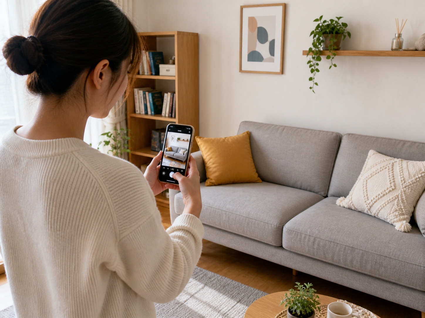 A person taking photos of furniture with their smartphone to sell on Xianyu, China's second-hand app.