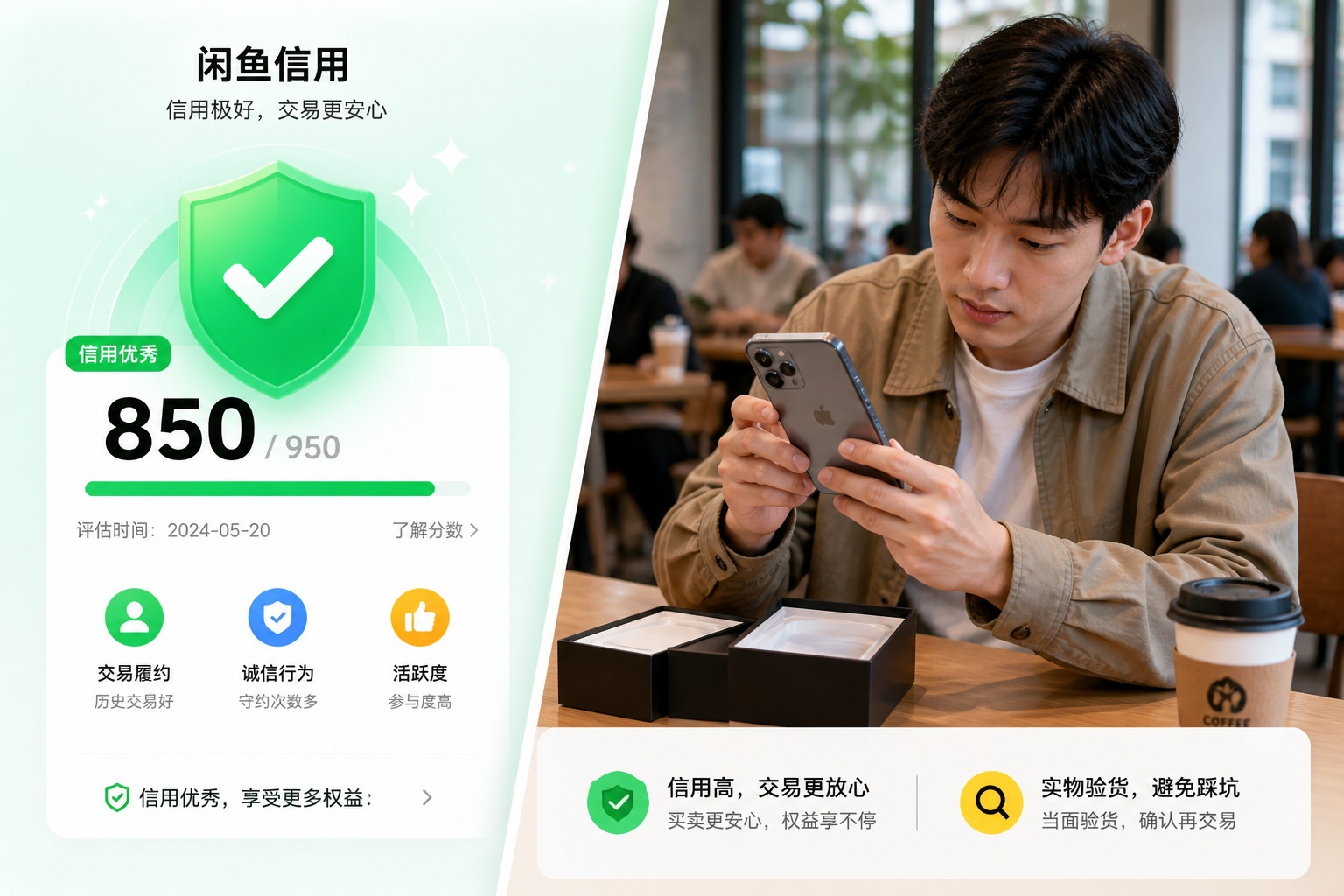 Visual representation of checking Sesame Credit scores and inspecting items to avoid scams on Xianyu.