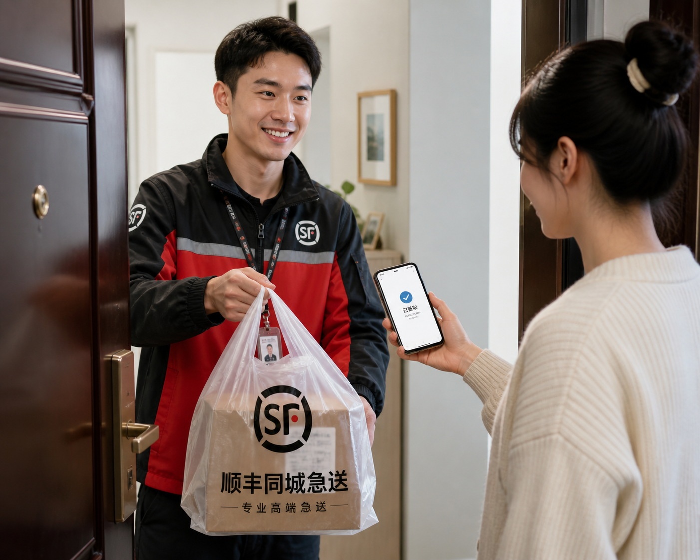 A logistics courier collecting a return package from a resident's doorstep in China, demonstrating the convenient pickup service.