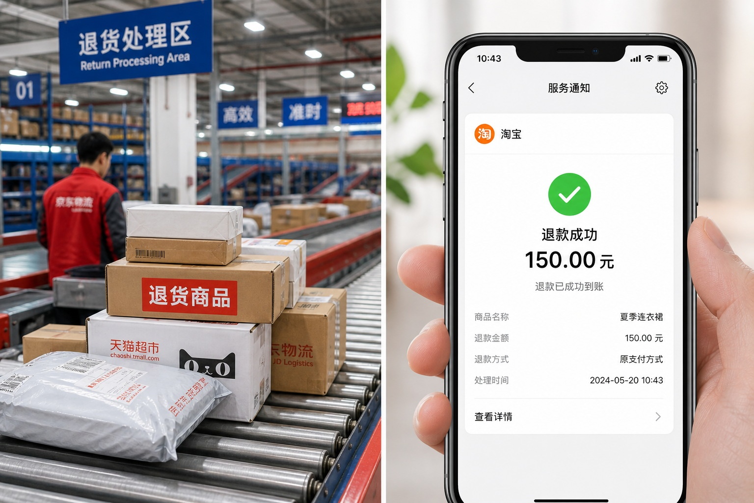 A visual representation of fast refunds in China's e-commerce system, showing package processing and digital payment confirmation.