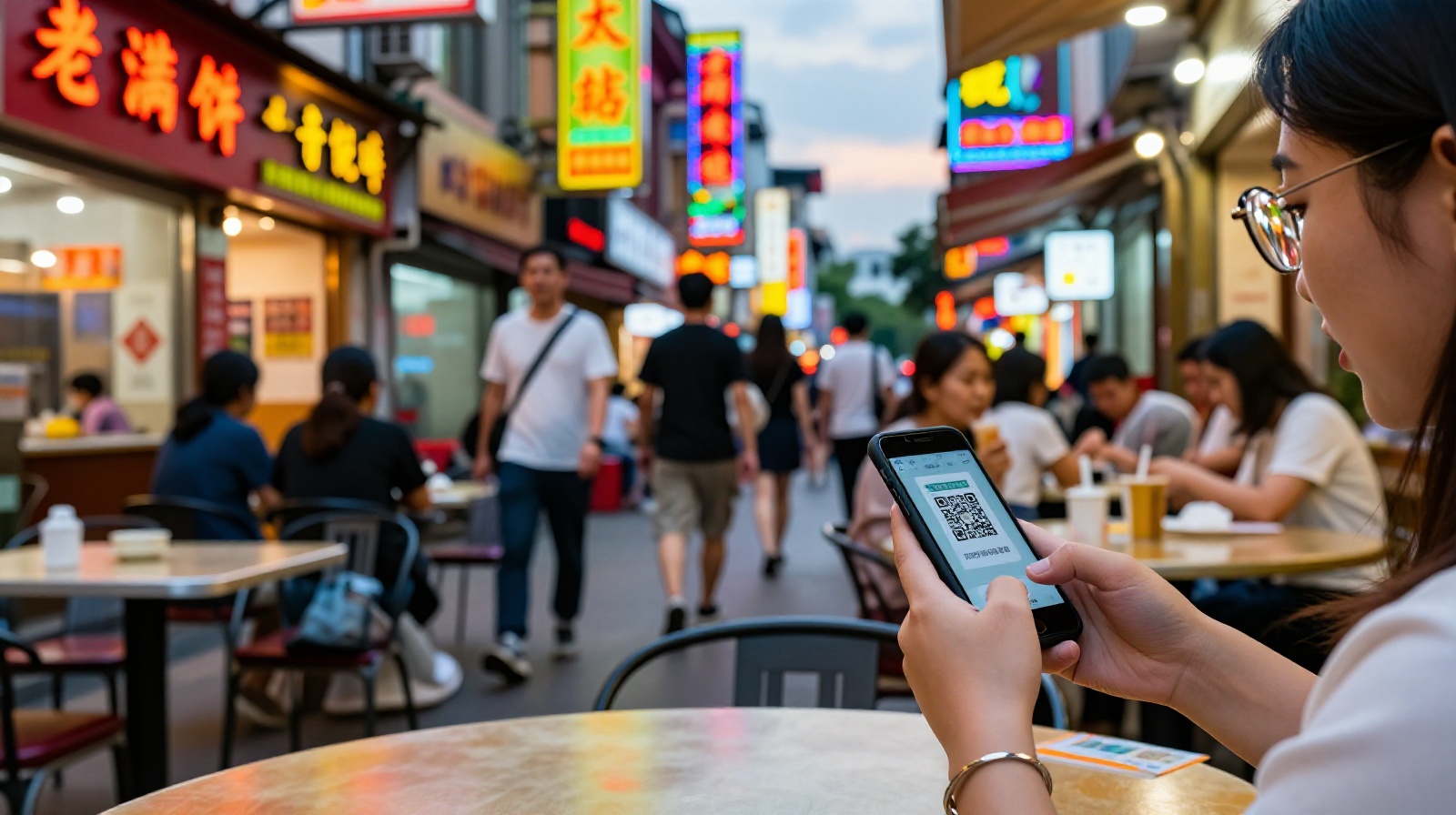People scanning QR codes at outdoor restaurants in a vibrant Chinese city street