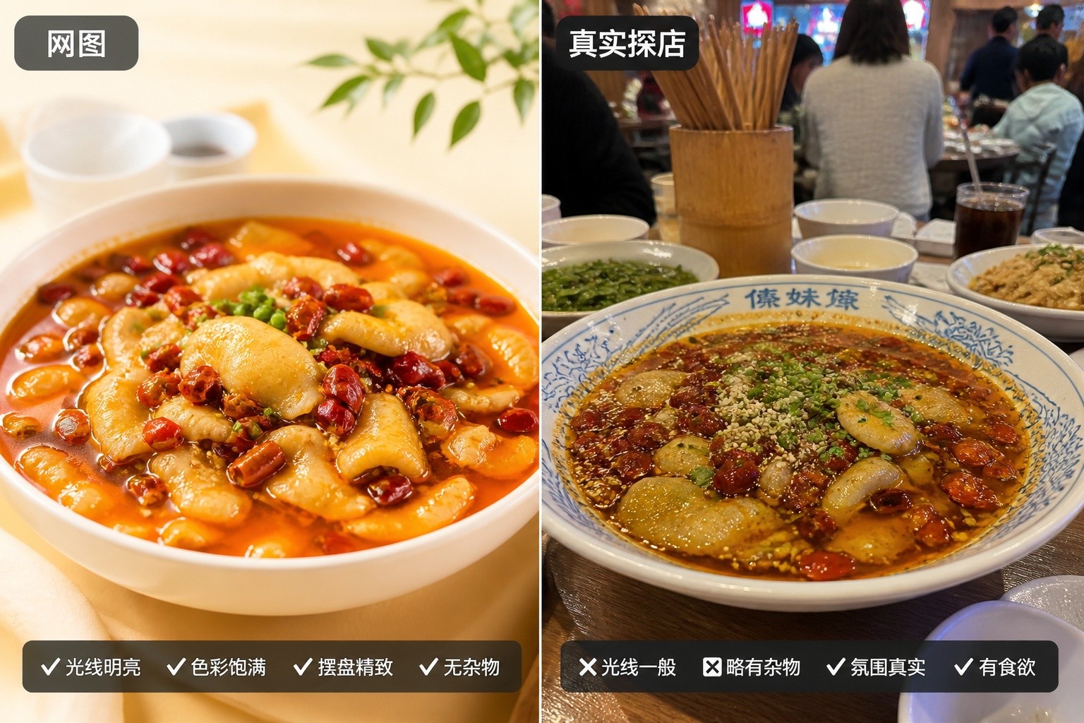 Visual comparison between staged promotional food photos and authentic diner-captured images