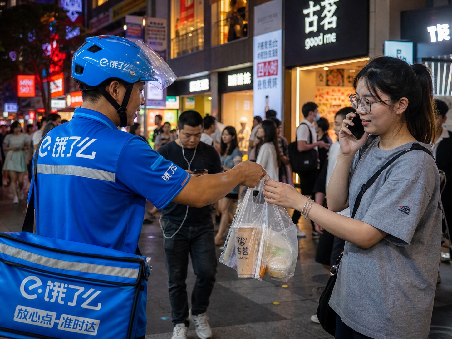 A Meituan delivery rider handing over a bag of milk tea and snacks to a customer on a busy Chinese street, demonstrating the convenience of errand services.