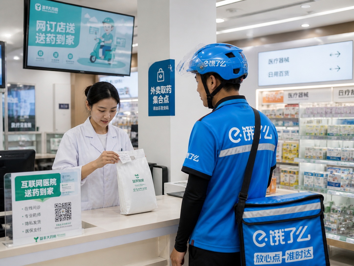 A Meituan rider picking up prescription medicine from a pharmacy counter, showing how the service handles sensitive or urgent items.