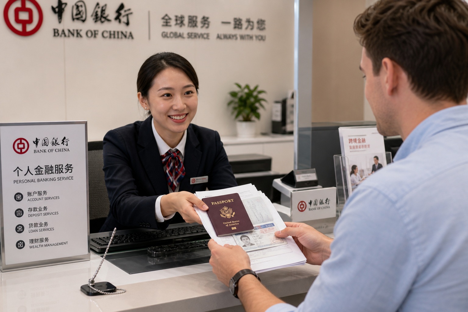 Foreign applicant submitting passport and visa documents at a Chinese bank counter for account opening
