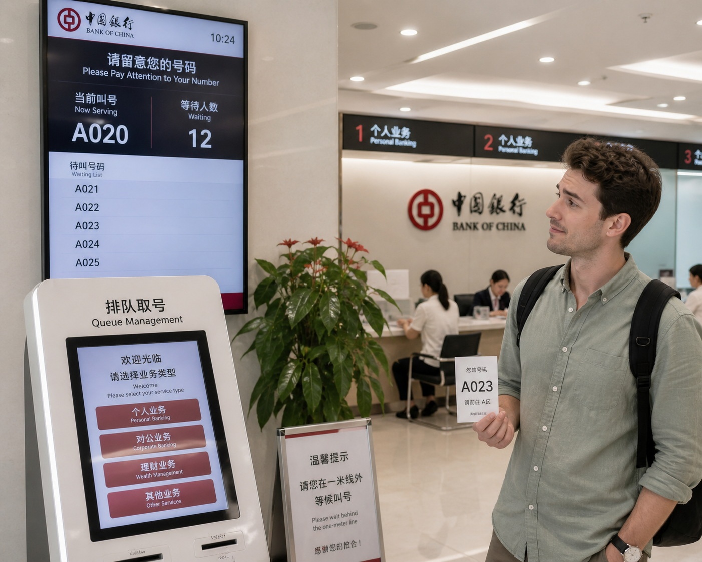 Foreign customer waiting for their turn at a Chinese bank branch using a queue ticket system