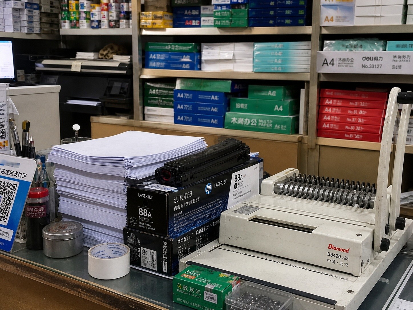 A close-up view of a counter in a Chinese Tuwen print shop, showing stacks of paper and binding machines.
