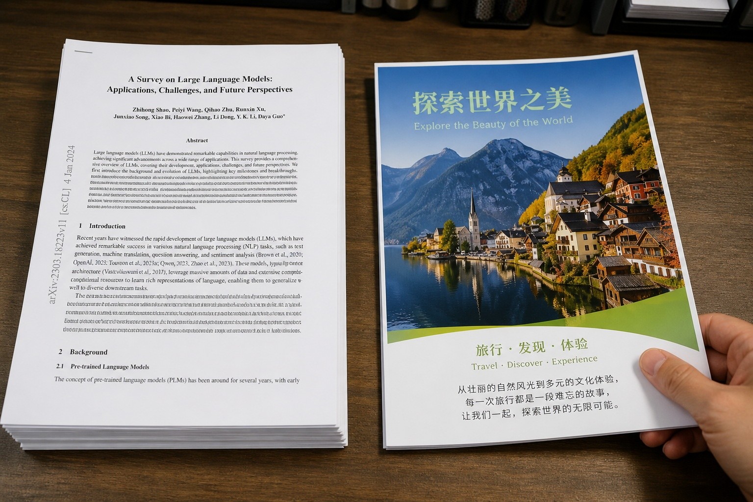 Comparison of black and white text documents versus colorful printed materials on a table in a Chinese print shop.
