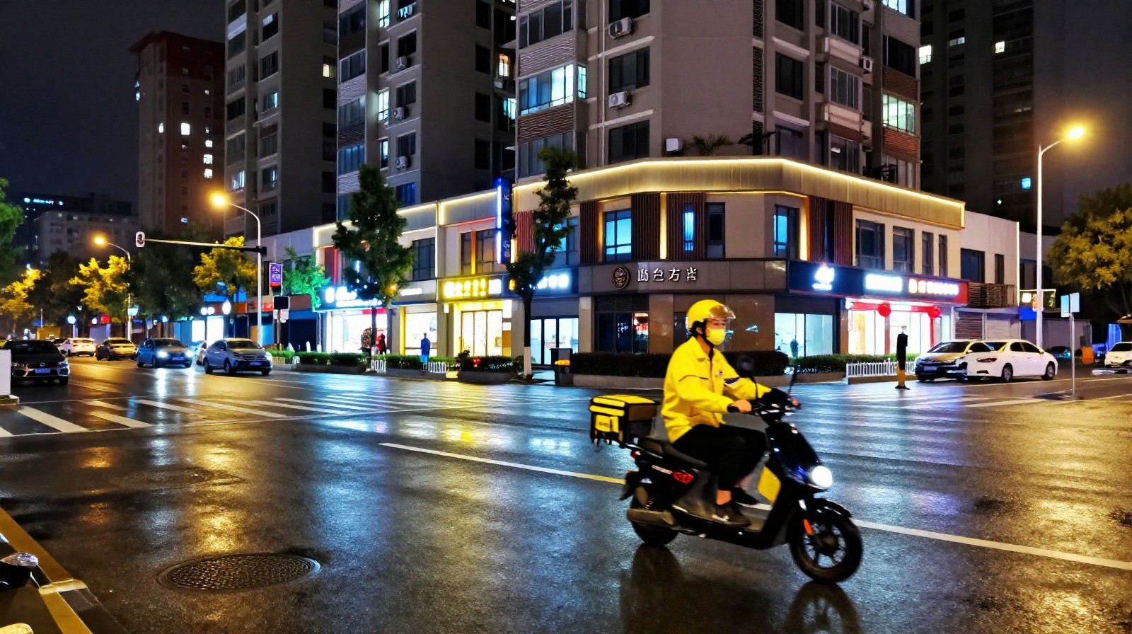 Meituan delivery rider in yellow uniform riding an electric scooter through a Chinese city street at night