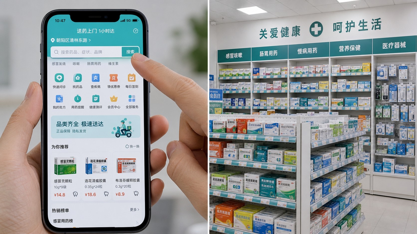 User searching for medicine on Meituan app and shelves in a local Chinese pharmacy