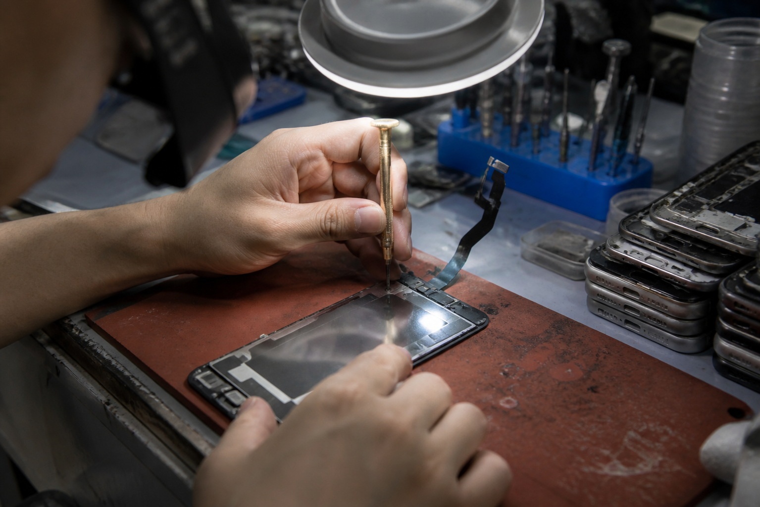Close-up view of a technician's hands repairing a smartphone display in a Chinese electronics market stall