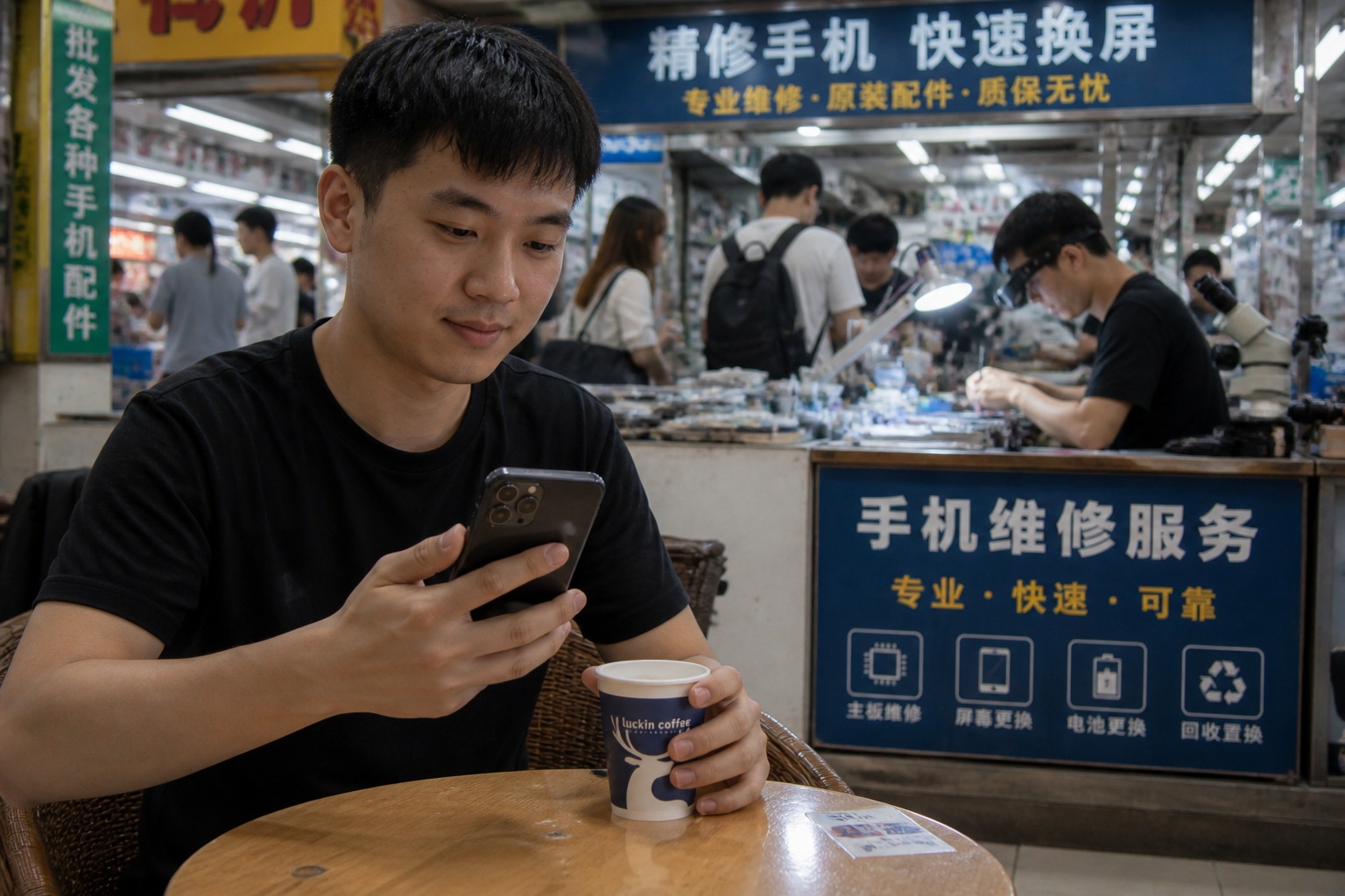 Customer waiting for phone repair with a cup of coffee in Shenzhen
