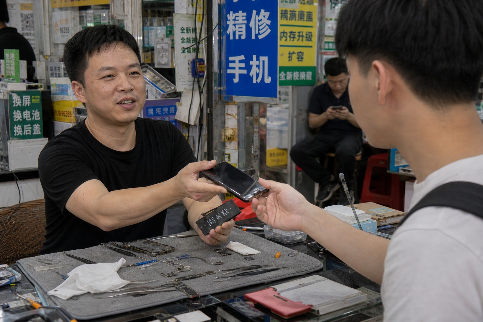 Handover of a repaired phone and old battery at a street repair stall