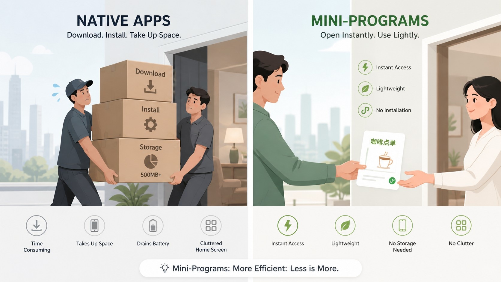 Illustration comparing heavy native app downloads with lightweight Mini-Programs inside WeChat, visualizing the concept of saving phone storage.
