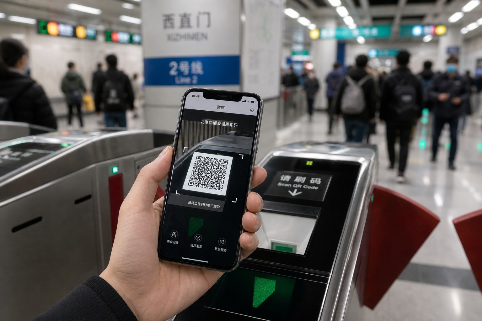 A commuter using the WeChat Mini-Program to scan a QR code for subway entry in Beijing, demonstrating integrated digital payments.