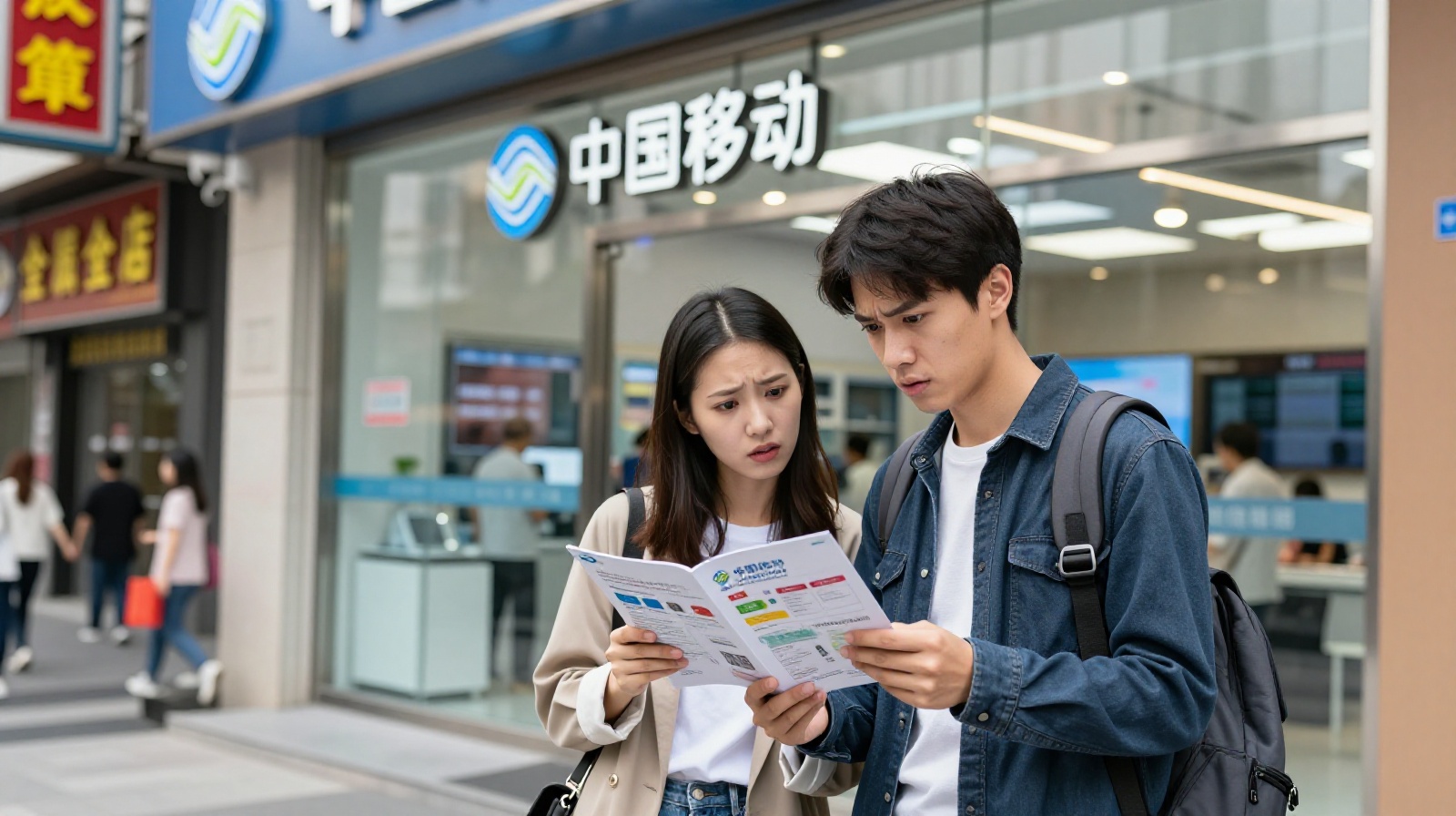 Foreigners researching broadband packages outside a Chinese telecommunications store.
