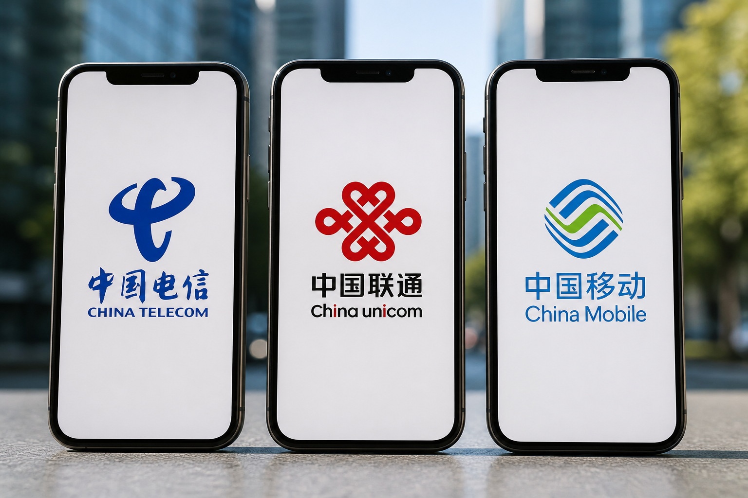 Comparison of China's three major internet providers: China Telecom, China Unicom, and China Mobile logos displayed on mobile phones.