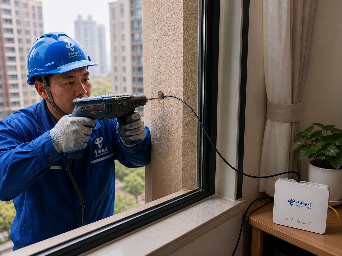 Technician installing fiber optic broadband cable into a Chinese apartment.