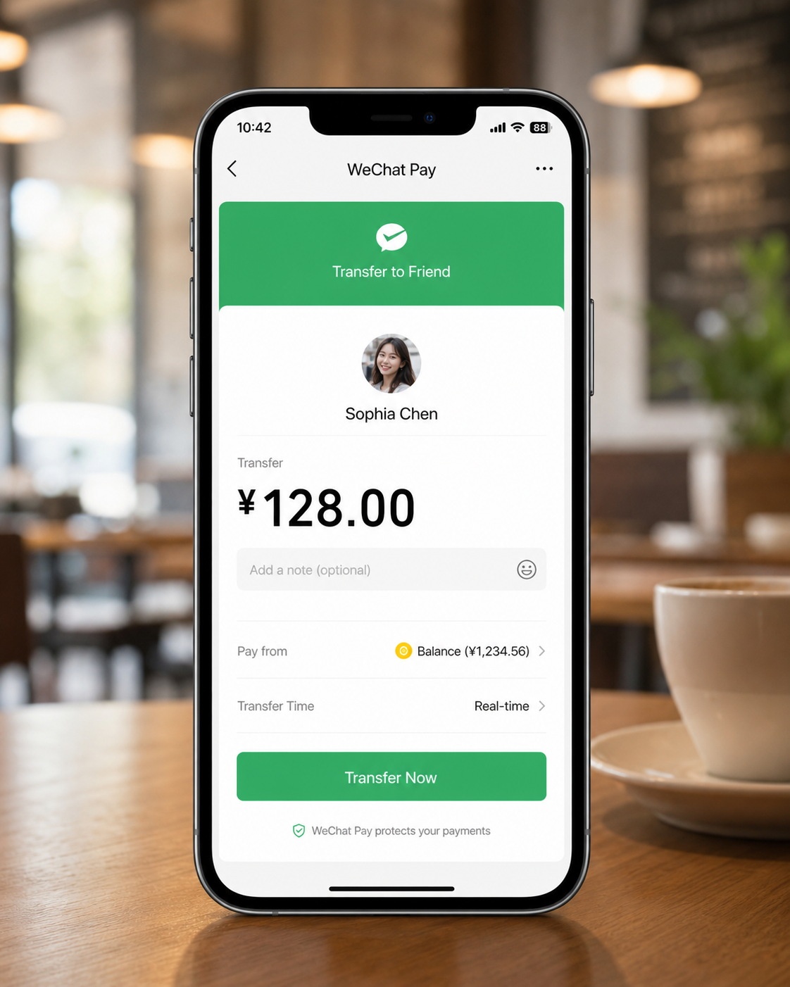 The WeChat Pay interface on a smartphone showing options to transfer money for rent.