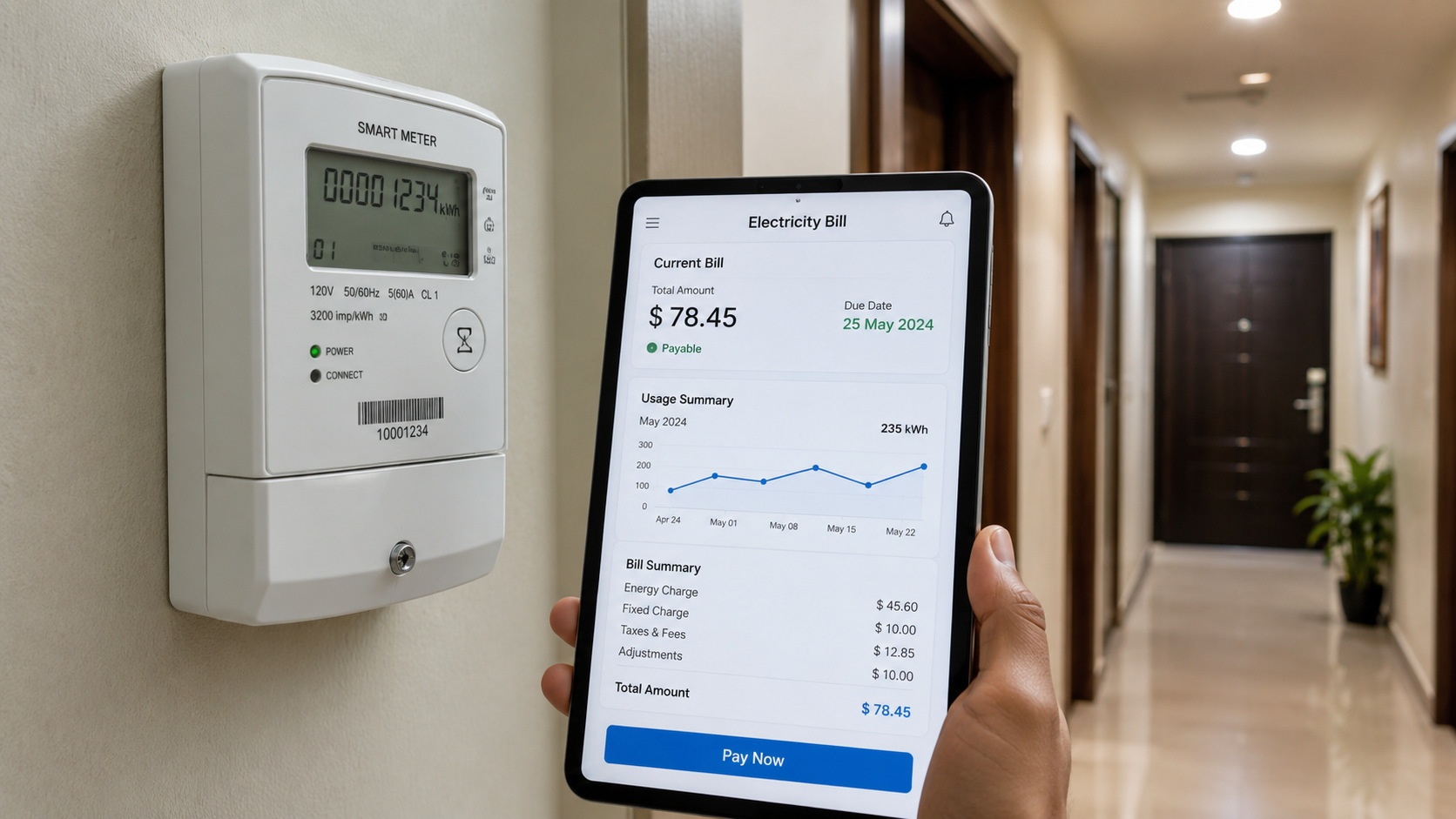 Digital utility bills and a smart electricity meter in a Chinese residential building.
