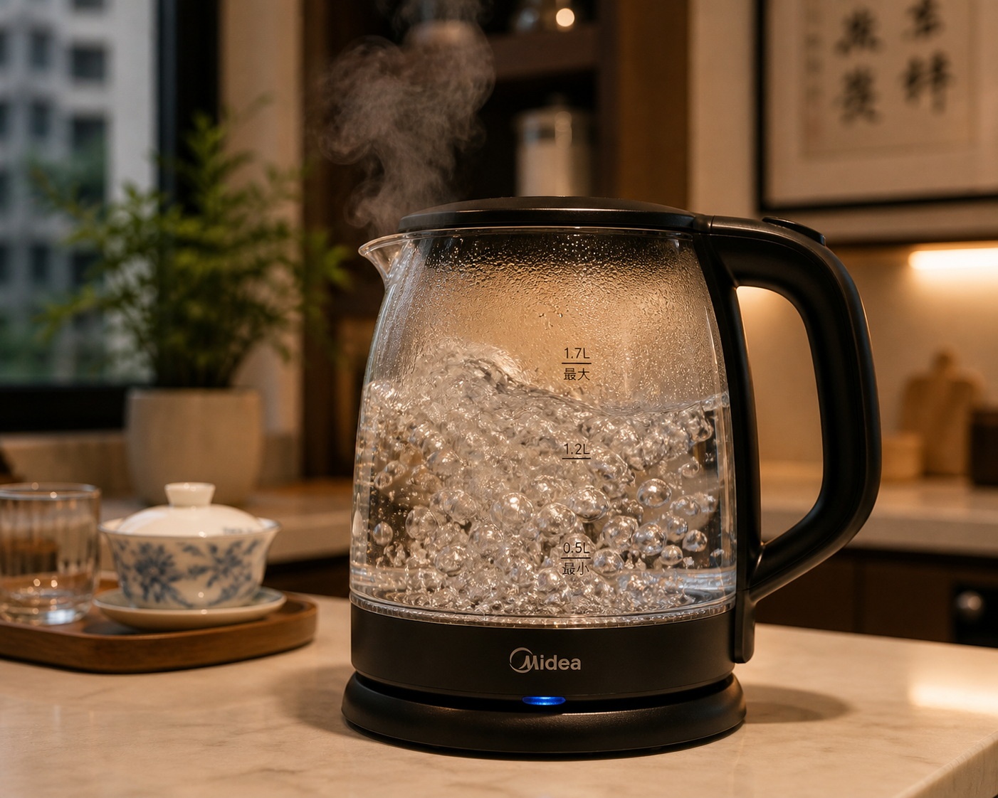 Glass electric kettle boiling water on a kitchen counter in China, illustrating the common habit of drinking hot water.