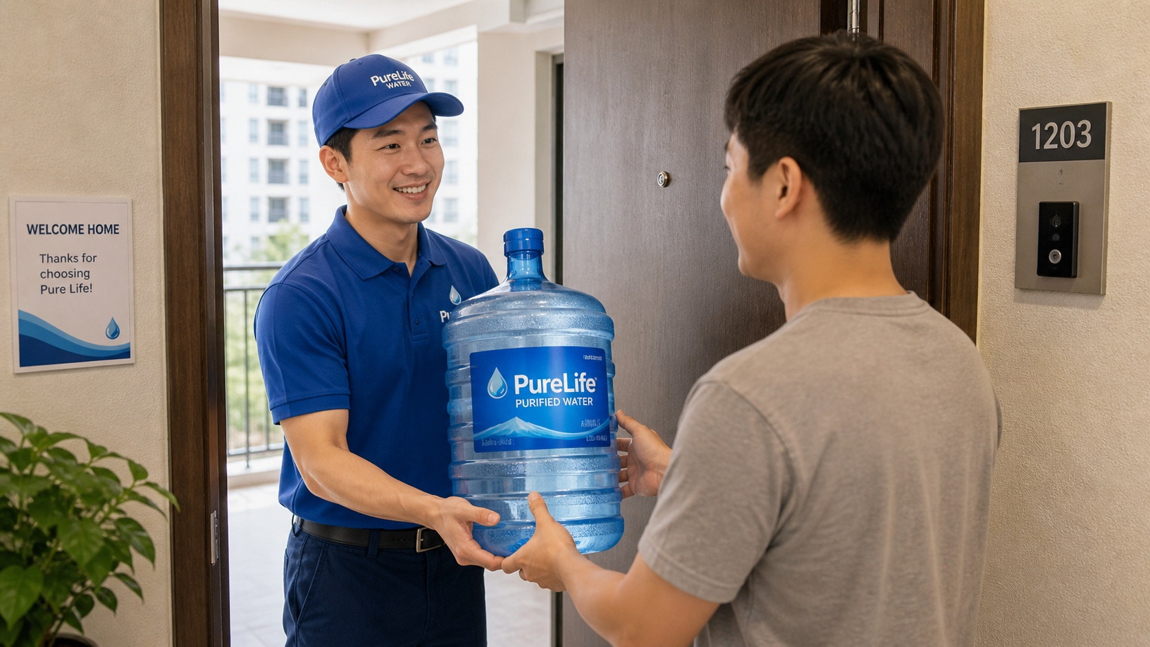 Delivery of bucket water (purified water) in China, showing the convenience of home water delivery services.
