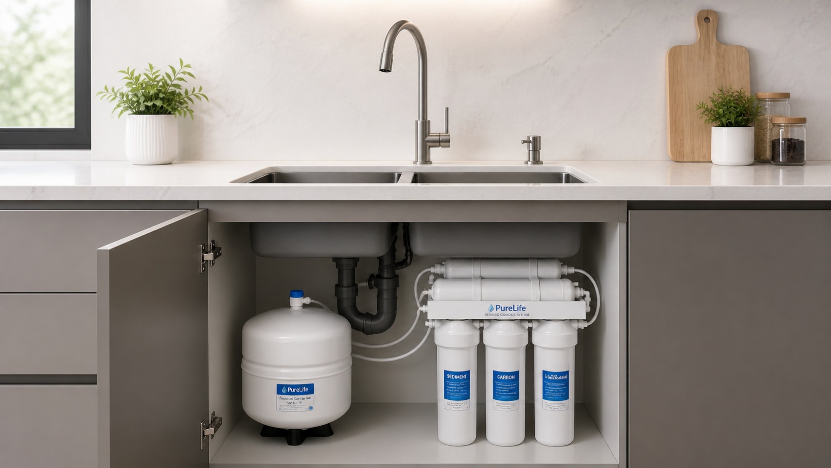 Under-sink reverse osmosis water filter installation in a Chinese home kitchen.