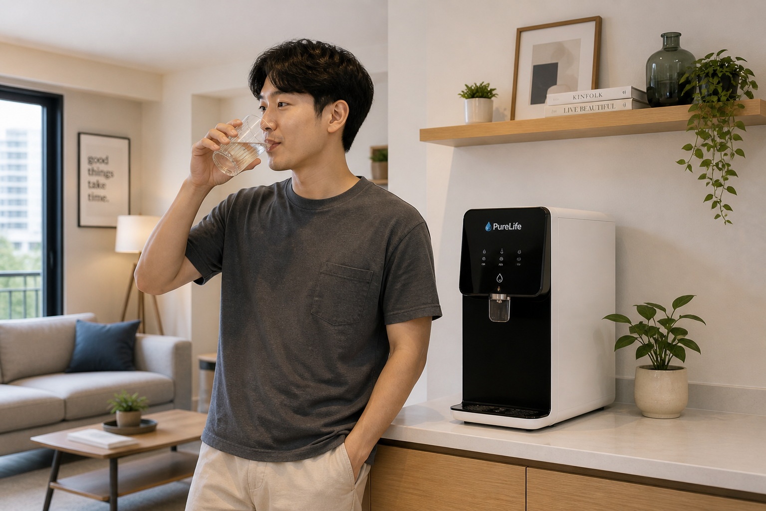 Person using a countertop water filter dispenser in a Chinese apartment for convenient access to clean water.