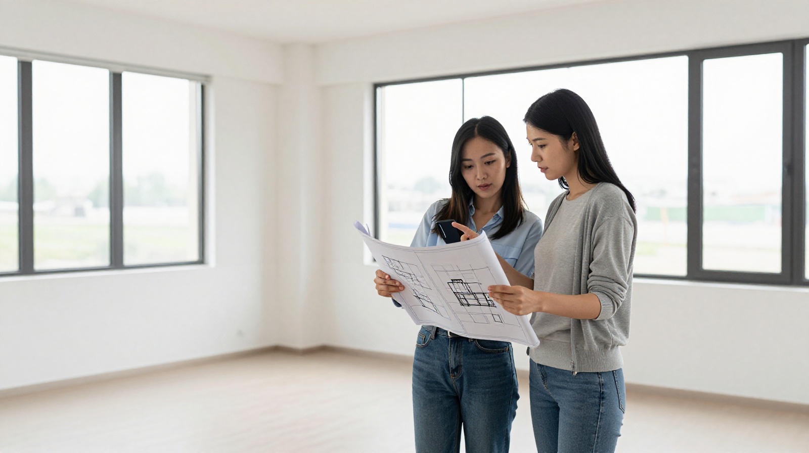 A couple planning furniture layout for their new empty apartment in China, highlighting the decision between different shopping options.