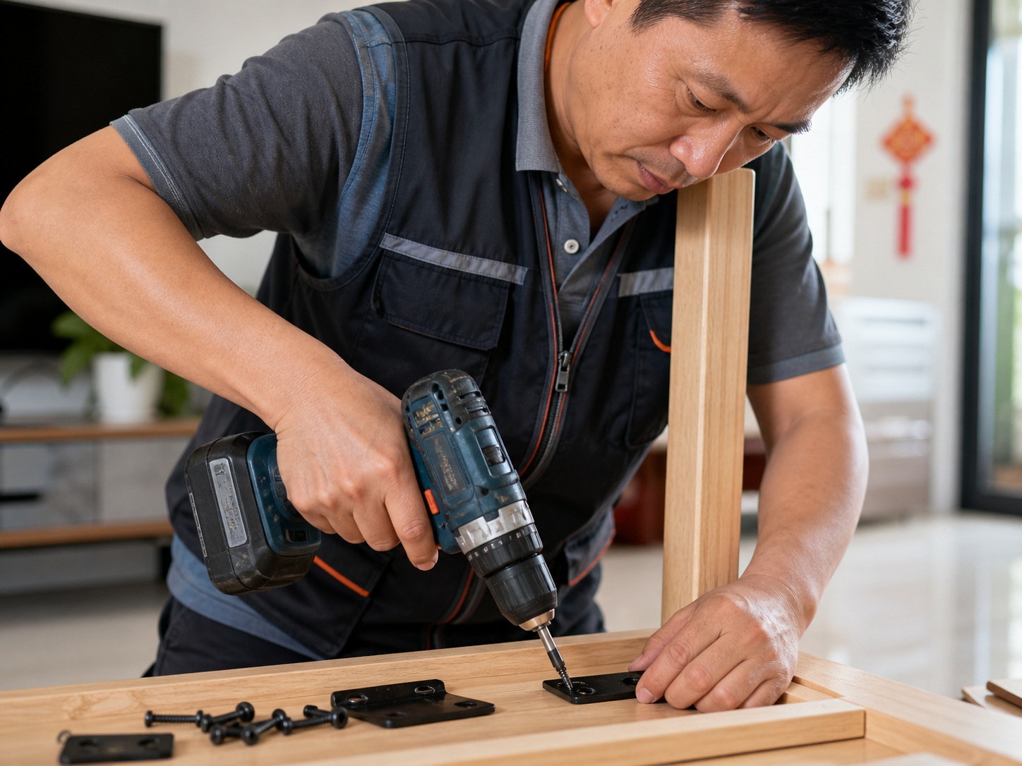 A professional furniture installer working in a Chinese home, illustrating the gig economy service for Taobao deliveries.