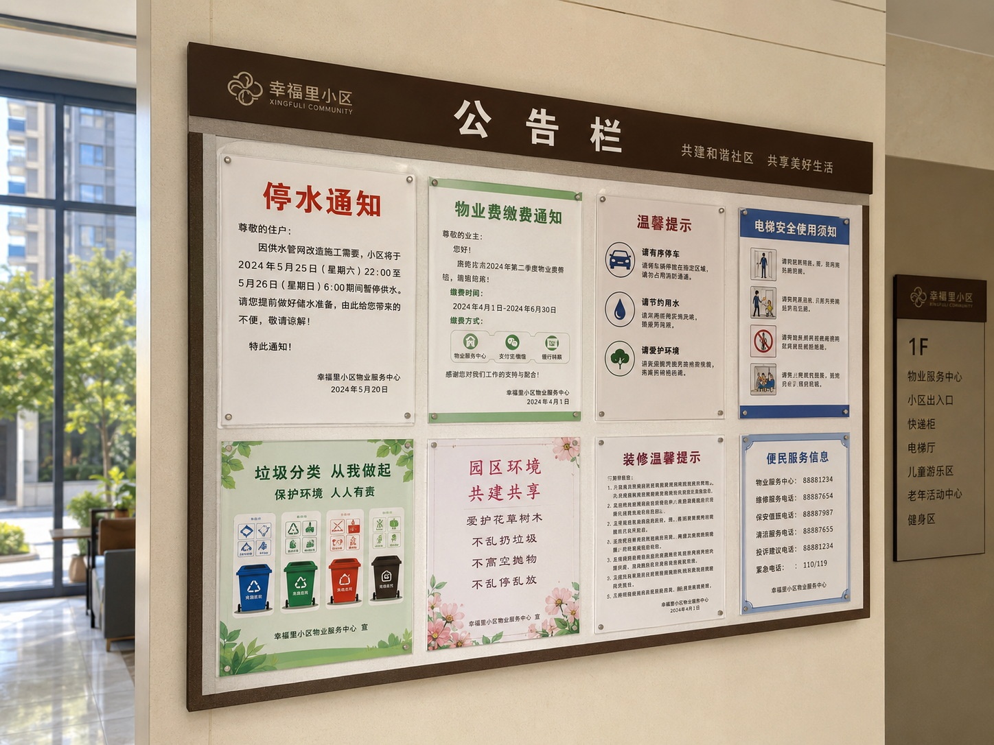 Community bulletin board in a Chinese residential lobby displaying notices for residents.