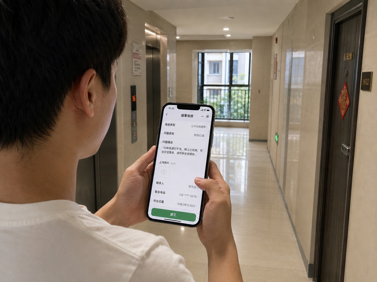 Resident reporting a repair through a mobile app in a Chinese apartment complex.