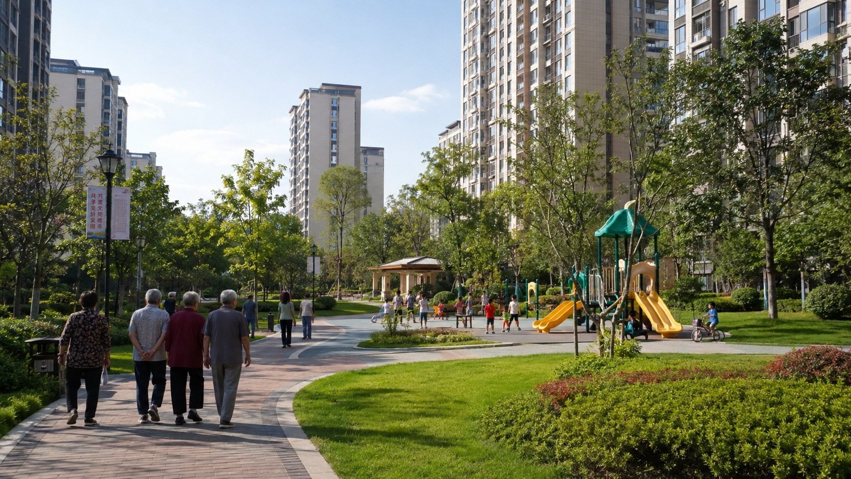 Community park inside a Chinese residential neighborhood with residents enjoying the space.