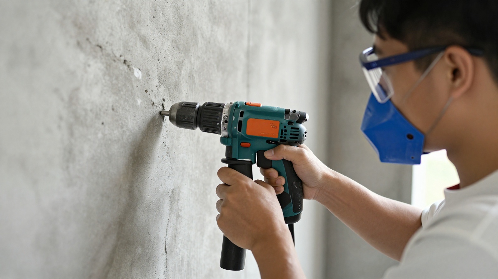 Construction worker drilling into a concrete wall inside a Chinese apartment, illustrating renovation noise sources.