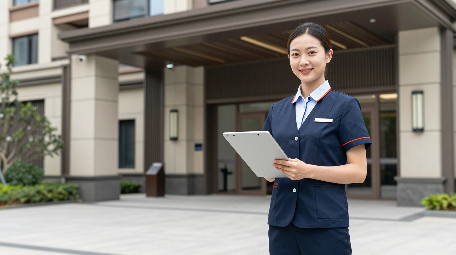 Property management staff member at a Chinese residential complex lobby, acting as the first point of contact for noise complaints.