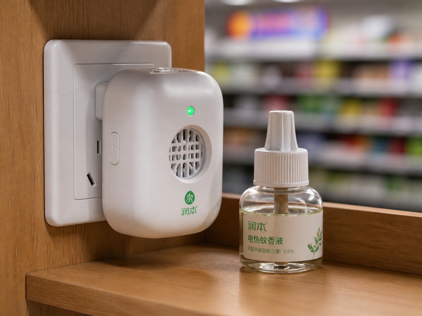 Plug-in electric mosquito repellent device (Dianwenxiang) with liquid refill bottle in a modern household setting